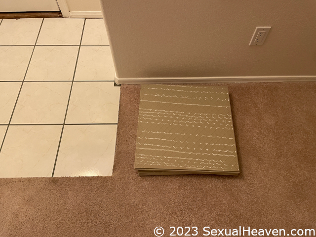 A stack of tile on carpet.