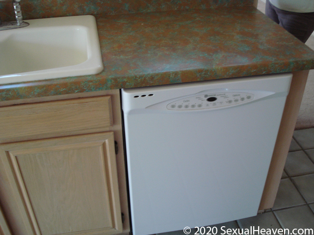 A white dishwasher under a counter.