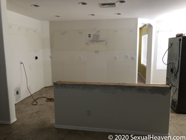 A kitchen island after being reassembled.