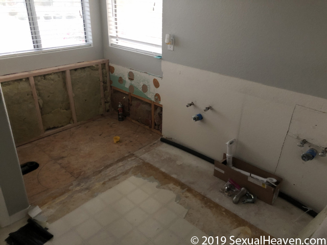 A bathroom with the vanity and tub removed.