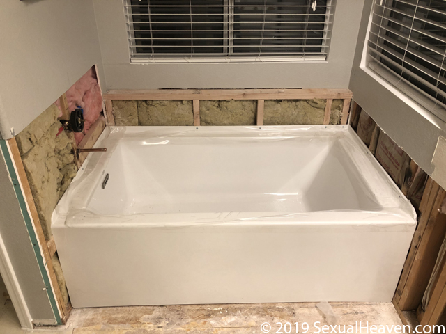 An alcove bathtub.