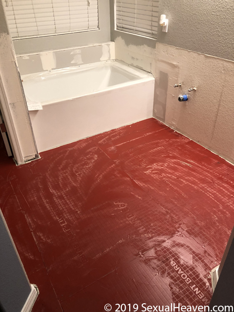 A bathroom coated in Redguard.