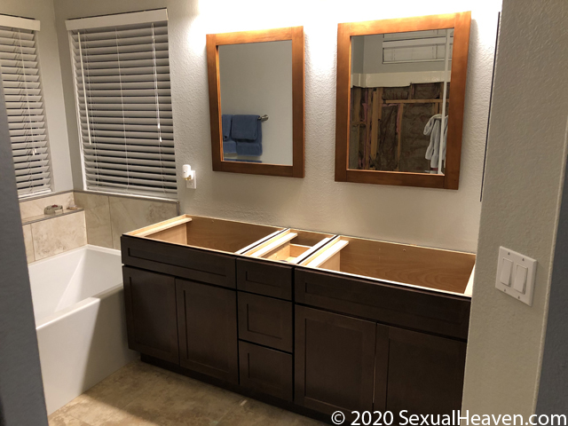 A vanity that has been installed.