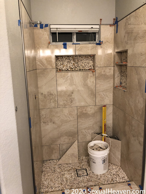 A tiled shower.